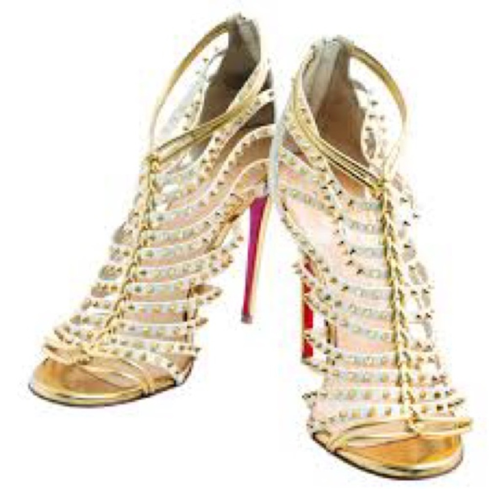 Christian Louboutin White Gold Spiked Leather Millaclou Cage Stilettos Sz 37